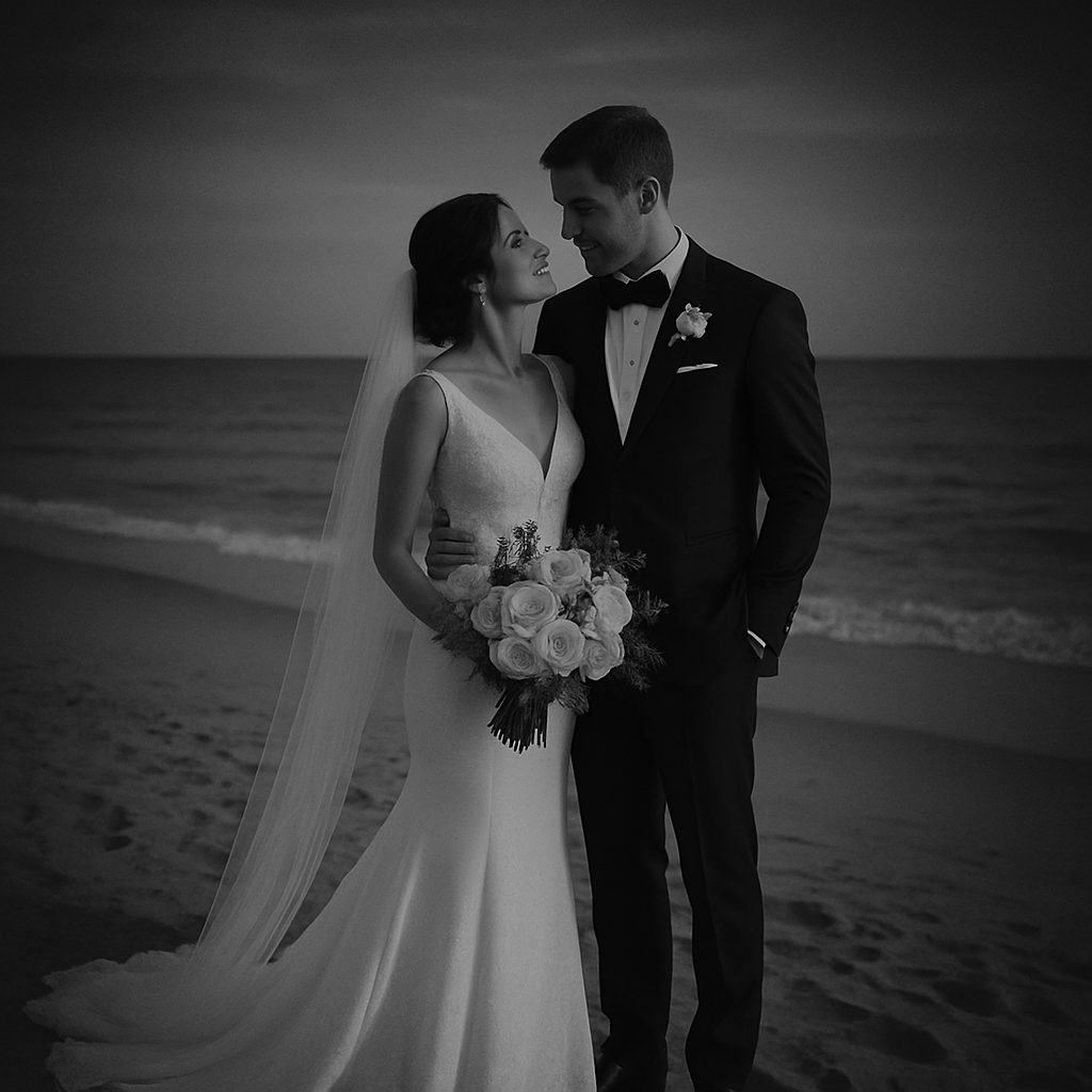 Elegant wedding picture photoshoot on the beach with black overlay on top