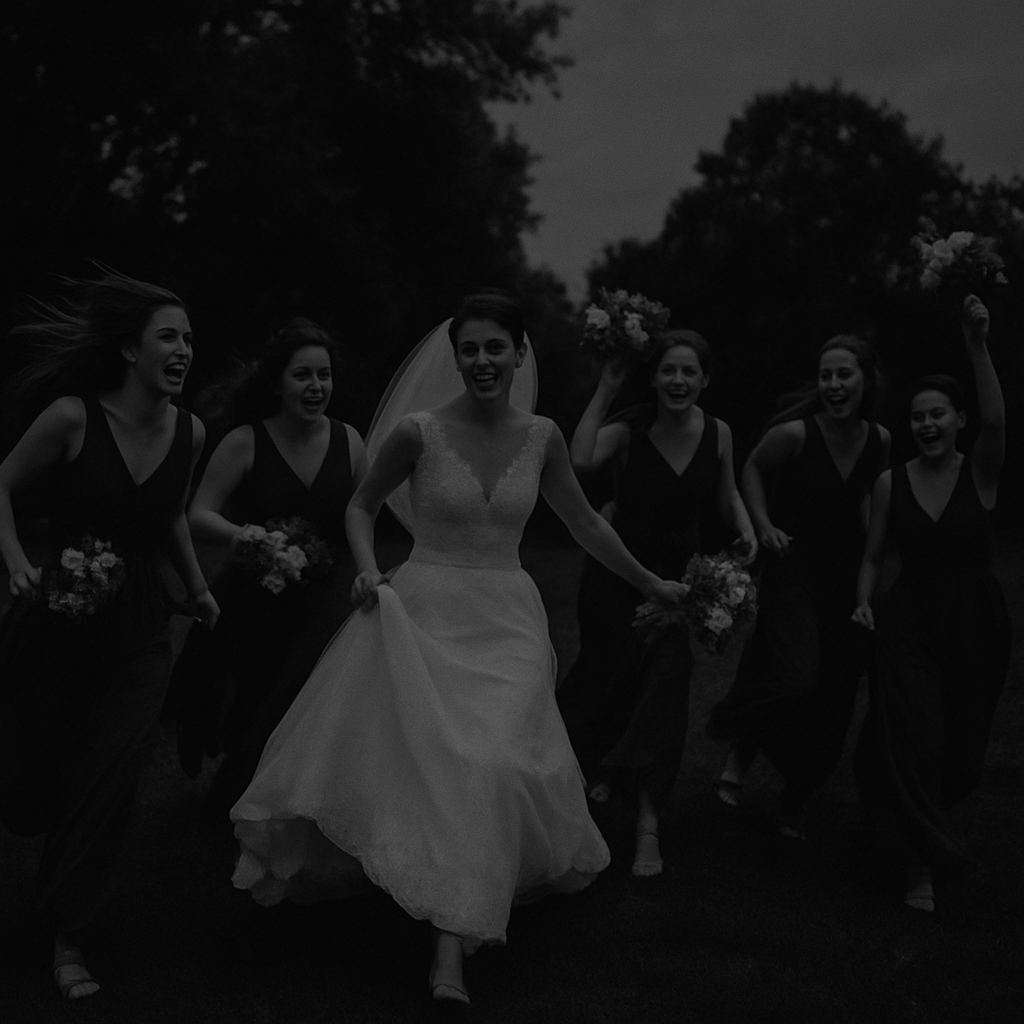 Wedding picture of a bride with 6 bridesmaid they are all dynamically moving There is a black overlay on the picture-1